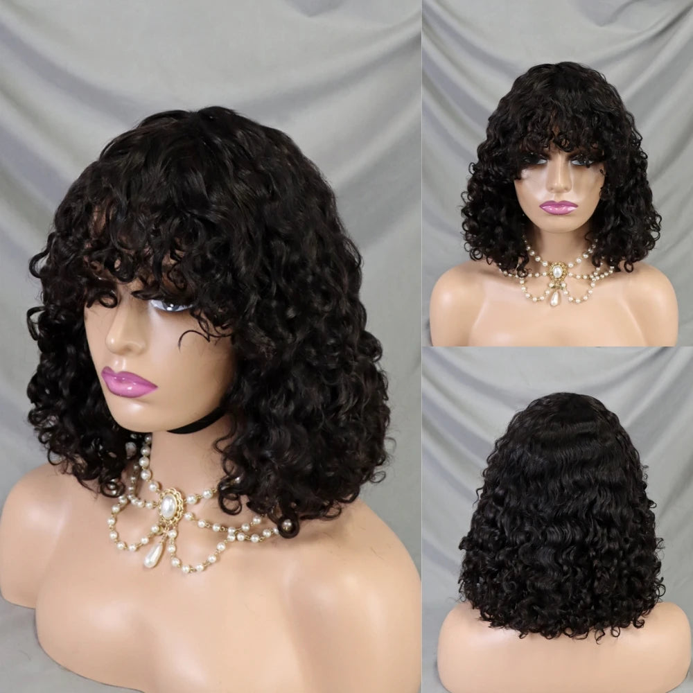 Cheap Human Hair Wig with Bangs for Black Women Glueless Short Water Wave Curly Bob Wigs 200% Density None Lace Front Wig