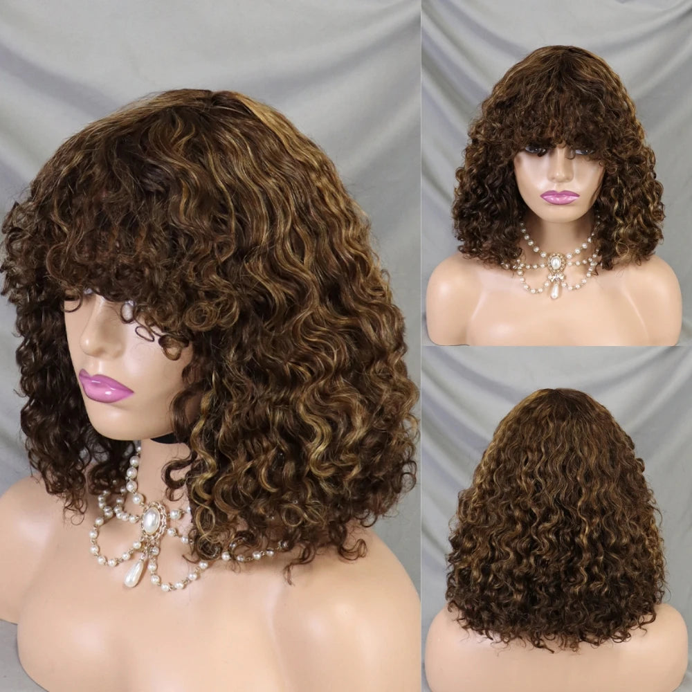 Cheap Human Hair Wig with Bangs for Black Women Glueless Short Water Wave Curly Bob Wigs 200% Density None Lace Front Wig