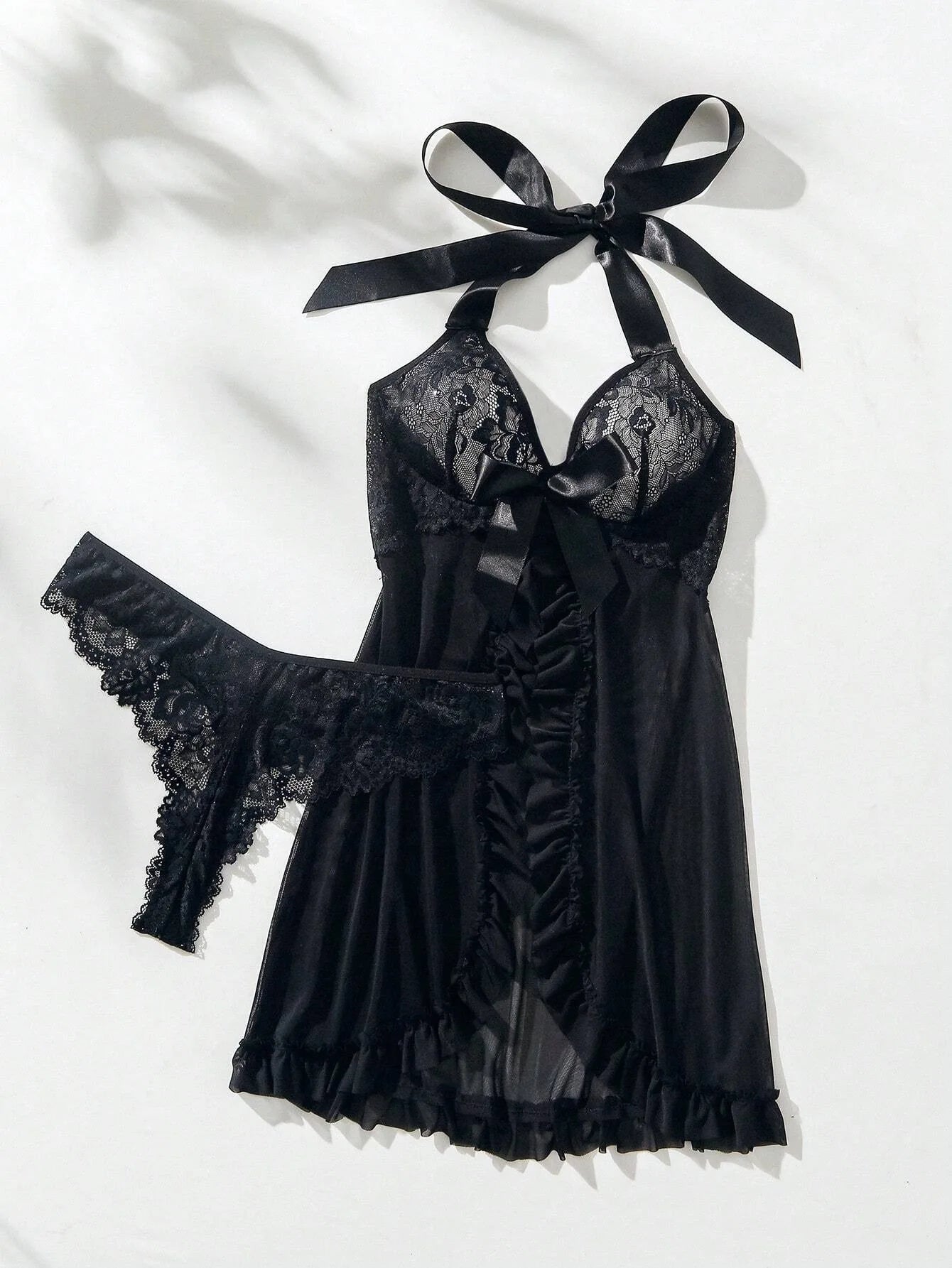 Sheer Mesh Lingerie Bow Sexy Ultra-thin Lace Neck-hanging Women's Romantic Nightgown Underwear