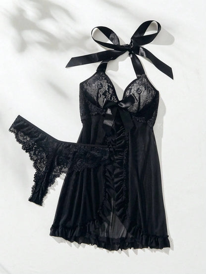 Sheer Mesh Lingerie Bow Sexy Ultra-thin Lace Neck-hanging Women's Romantic Nightgown Underwear