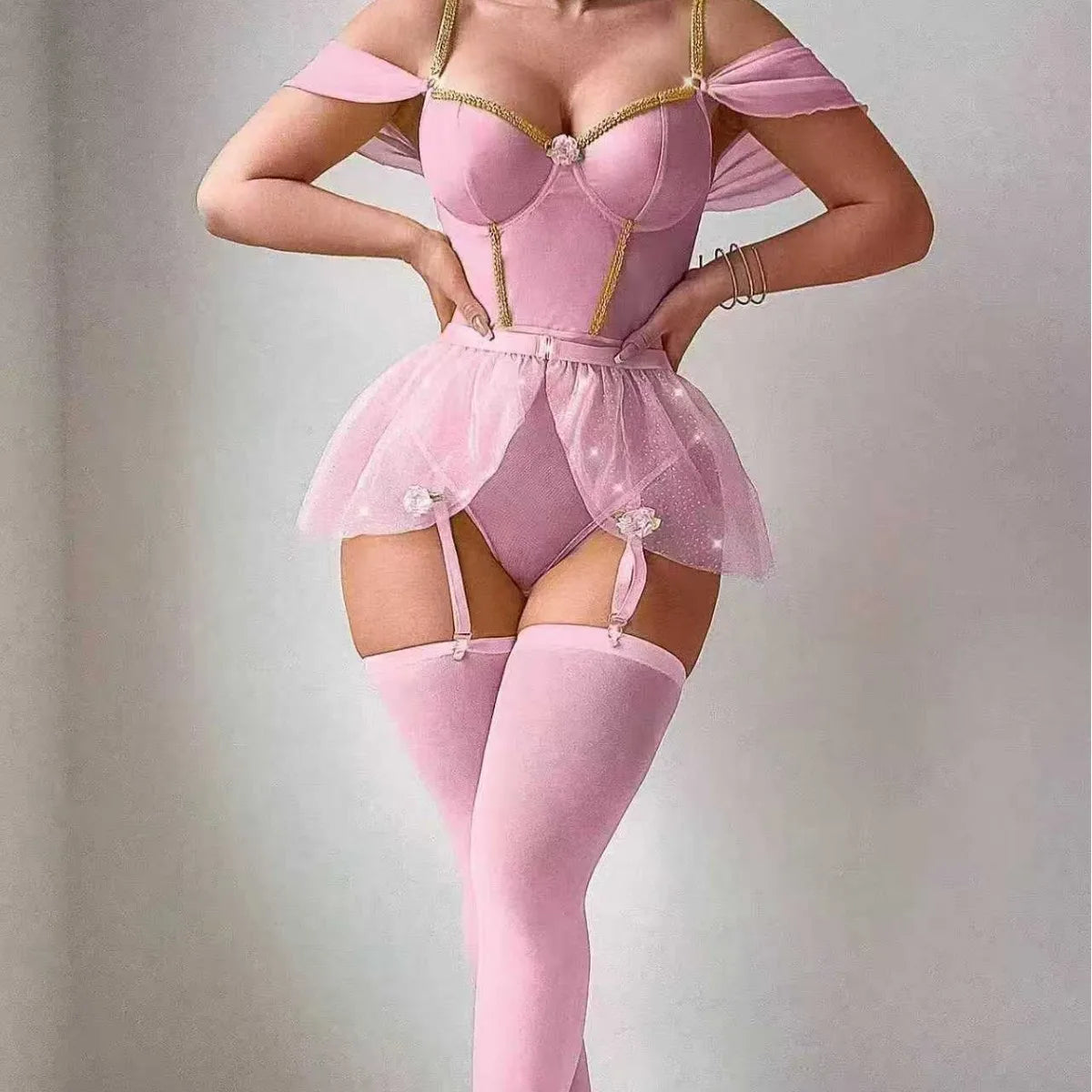 Ensemble de lingerie Belle Princesse pour femme, costume corset épaules dénudées, body jupe en tulle pailleté à motifs floraux, idéal pour le cosplay.