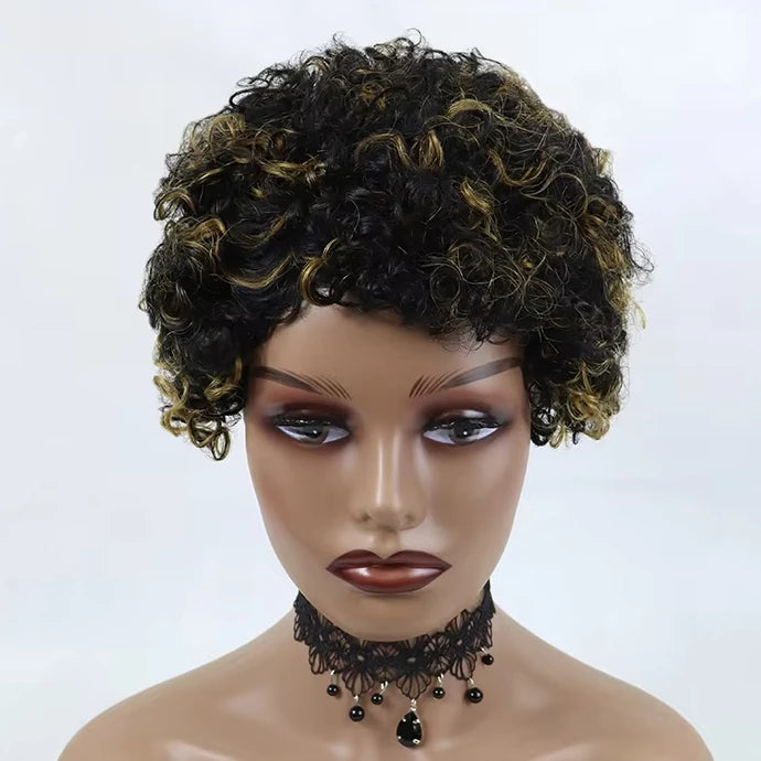 Perruque courte bouclée blonde avec mèches, en cheveux humains, pour femmes noires, sans dentelle, entièrement confectionnée à la machine, pas chère et sans colle.