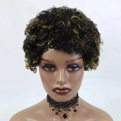 Perruque courte bouclée blonde avec mèches, en cheveux humains, pour femmes noires, sans dentelle, entièrement confectionnée à la machine, pas chère et sans colle.