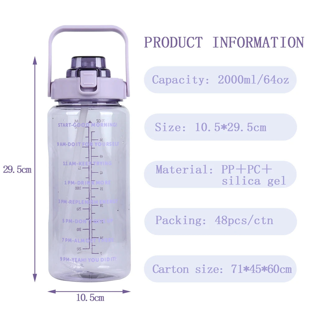 B14-1107 Custom Logo Gym Sports BPA Free 64 oz 64oz 2L Clear Motivational Half Gallon Water Bottle with Time Marker and Straw