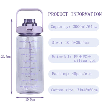 B14-1107 Custom Logo Gym Sports BPA Free 64 oz 64oz 2L Clear Motivational Half Gallon Water Bottle with Time Marker and Straw
