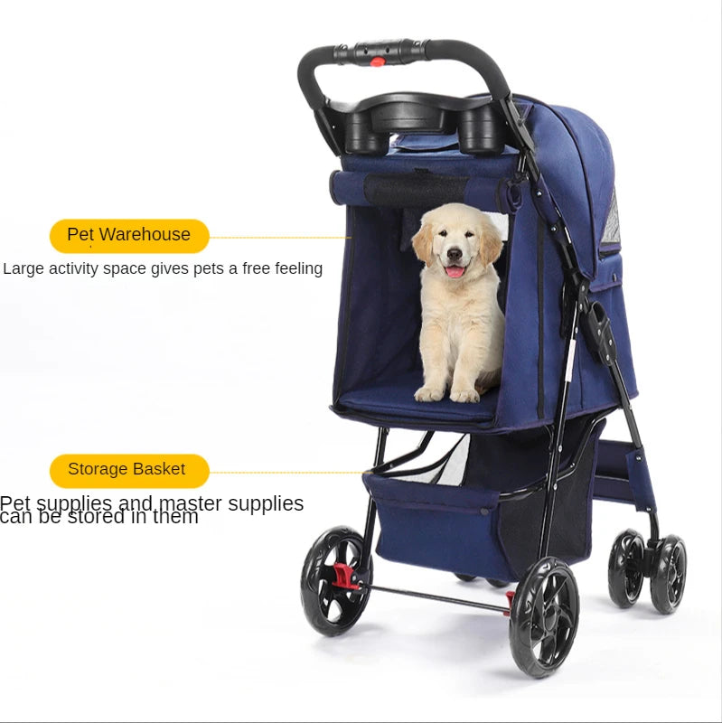 Easy Fold 4-Wheel Travel Pet Stroller with Storage Basket Breathable Mesh Dog Carriage for Outdoor Travel