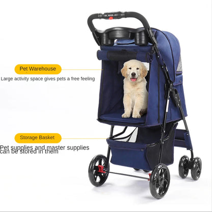 Easy Fold 4-Wheel Travel Pet Stroller with Storage Basket Breathable Mesh Dog Carriage for Outdoor Travel