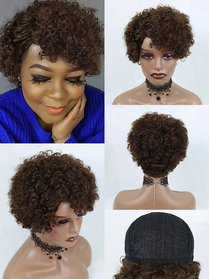 Perruque courte bouclée blonde avec mèches, en cheveux humains, pour femmes noires, sans dentelle, entièrement confectionnée à la machine, pas chère et sans colle.