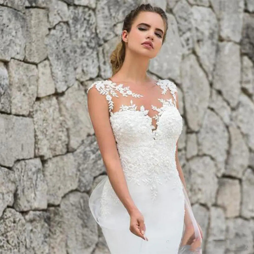 Wedding Dresses Tulle Mermaid Deep V Neck Appliqued Lace Elegant Sexy Long Backless Illusion Sleeveless 2025 Bridal Gowns
