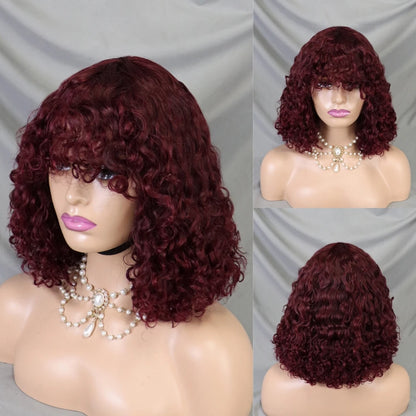 Cheap Human Hair Wig with Bangs for Black Women Glueless Short Water Wave Curly Bob Wigs 200% Density None Lace Front Wig