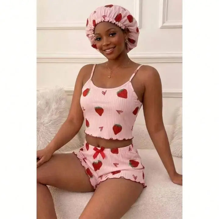 IStapromo Gifts Heart Print Sweet Shorts Home Wear Christmas Pajamas Women's Pajamas 3-piece Set
