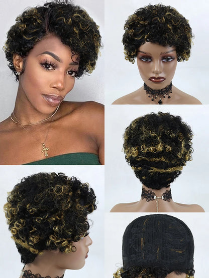 Perruque courte bouclée blonde avec mèches, en cheveux humains, pour femmes noires, sans dentelle, entièrement confectionnée à la machine, pas chère et sans colle.