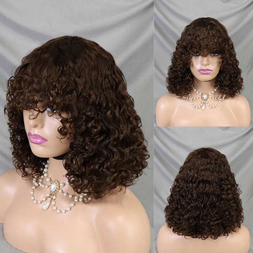 Cheap Human Hair Wig with Bangs for Black Women Glueless Short Water Wave Curly Bob Wigs 200% Density None Lace Front Wig