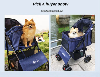 Easy Fold 4-Wheel Travel Pet Stroller with Storage Basket Breathable Mesh Dog Carriage for Outdoor Travel