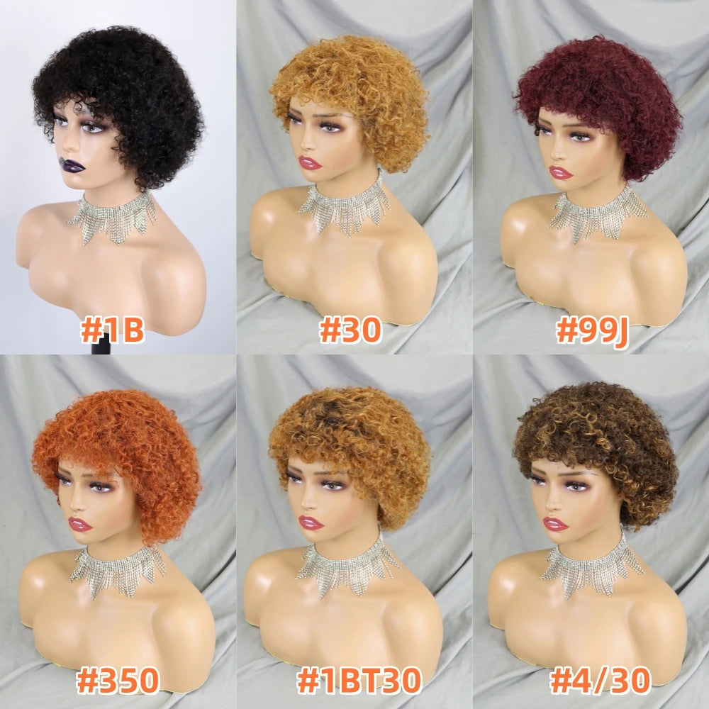 Perruque courte bouclée sans colle, en cheveux humains naturels noirs, avec frange, entièrement confectionnée à la machine. Sans dentelle frontale.