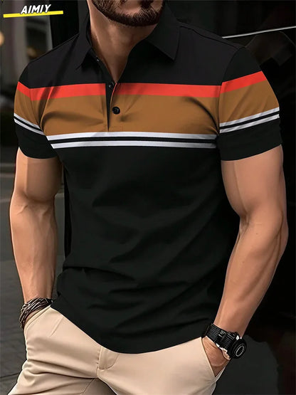 Polo à revers zippé pour homme Polos de golf Imprimés graphiques Géométrie Linéaire Rabattu Manches courtes Fermeture éclair Vêtements Hauts Designer