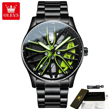 Montres-bracelets à quartz de sport OLEVS 9937 pour hommes, design de roue, montres à bracelet en acier inoxydable étanche de haute qualité pour hommes, lumineuses