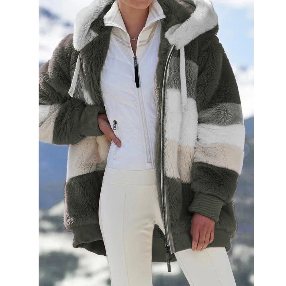 Veste surdimensionnée pour femmes manteau 2025 automne hiver chaud en peluche poche à capuche Streetwear ample dame fermeture éclair cachemire manteau d'extérieur