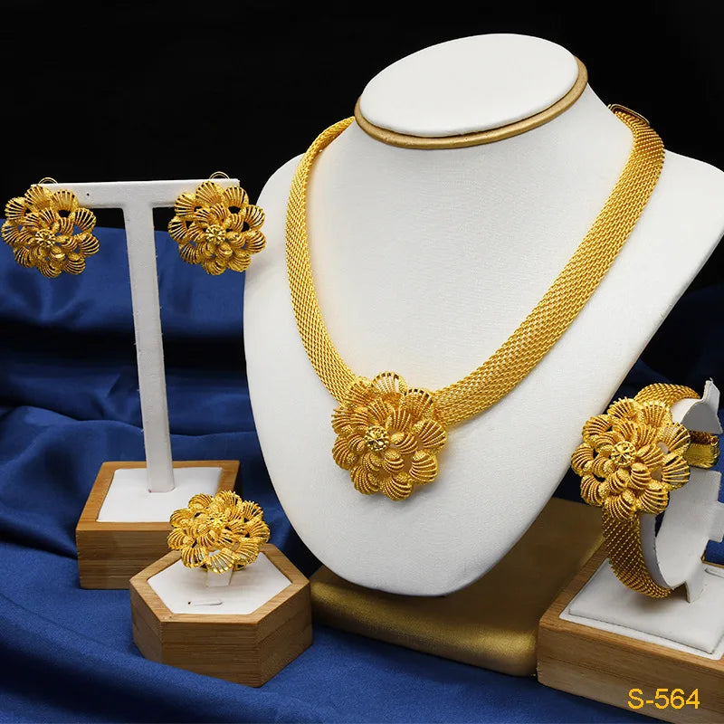 Femmes fleur gland collier boucles d'oreilles bague Bracelet mariée 4 pièces ensemble fine fleur/gland fluide, chaud 24K, AU999 double garantie