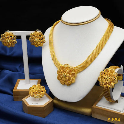 Femmes fleur gland collier boucles d'oreilles bague Bracelet mariée 4 pièces ensemble fine fleur/gland fluide, chaud 24K, AU999 double garantie