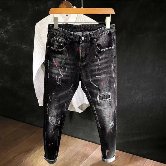 Nouveau 2023 Automne Style Coréen Travail Déchiré Trou Noir Cowboy Hip Hop Dotting Ink Slim Jeans Hommes Luxe Denim Pantalons pour Hommes