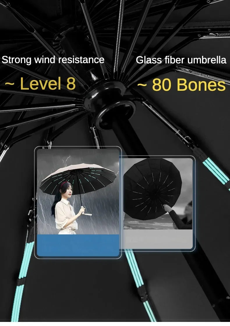 Parapluie anti-tempête 80 Bone pour hommes et femmes, pliage automatique, grand parapluie coupe-vent imperméable, parapluies anti-ultraviolets