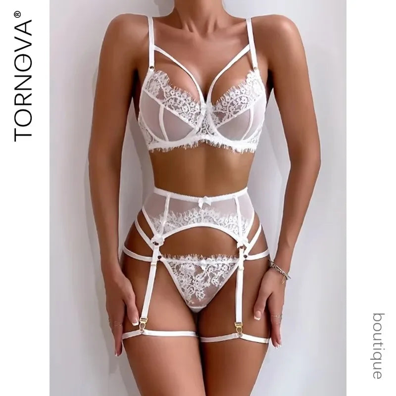 Tornova 4 pièces ensemble de Lingerie Sexy pour les femmes maille et dentelle Perspective Sexy push-up couleur unie dentelle évider ensemble de sous-vêtements nouveau