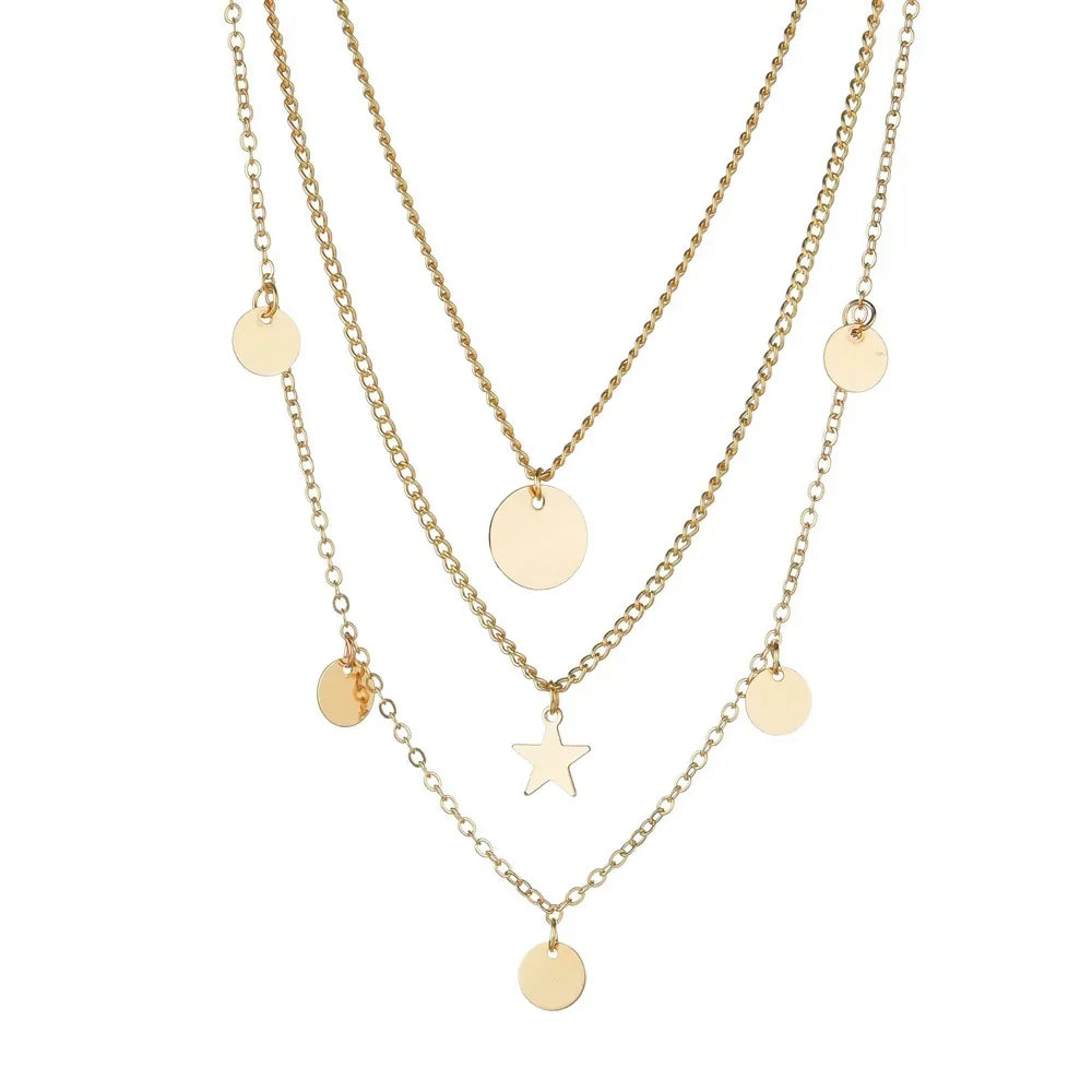 Collier avec pendentif en forme d'étoile ronde plaqué or pour femme, chaîne à plusieurs niveaux, style vintage, style bohème, punk, vente en gros