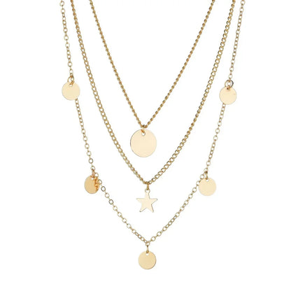 Collier avec pendentif en forme d'étoile ronde plaqué or pour femme, chaîne à plusieurs niveaux, style vintage, style bohème, punk, vente en gros