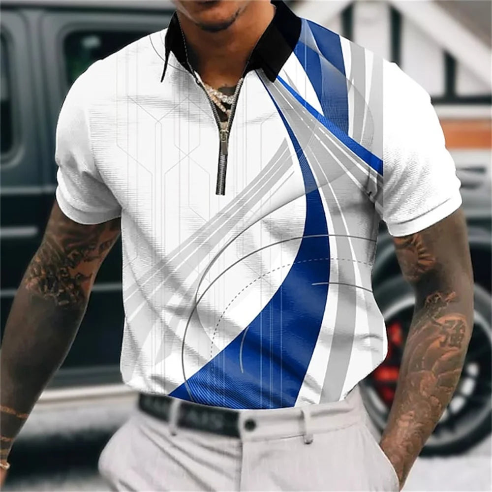 Polo à revers zippé pour homme Polos de golf Imprimés graphiques Géométrie Linéaire Rabattu Manches courtes Fermeture éclair Vêtements Hauts Designer