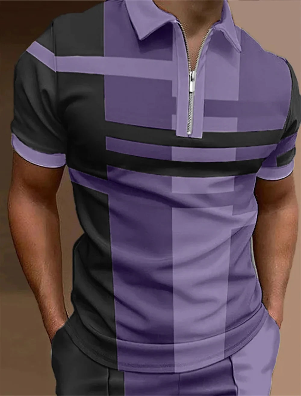 Polo à revers zippé pour homme Polos de golf Imprimés graphiques Géométrie Linéaire Rabattu Manches courtes Fermeture éclair Vêtements Hauts Designer