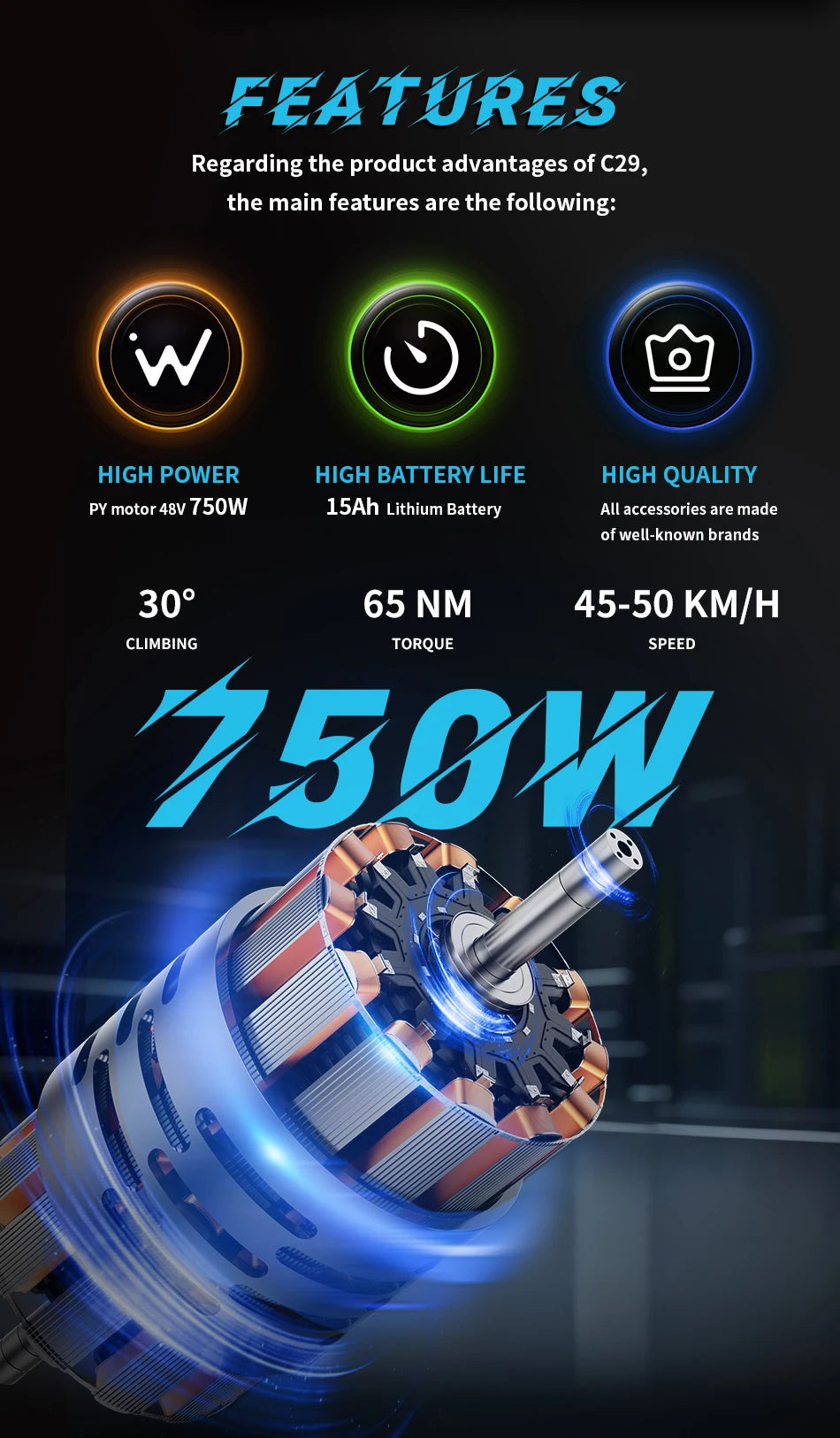 DUOTTS C29 e-bike 750W moteur 48V15 * 2AH batterie magnésium alliage d'aluminium vélo électrique 29 pouces pneus 21 vitesses vélo électrique