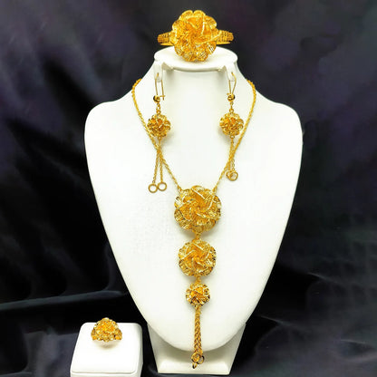 Femmes fleur gland collier boucles d'oreilles bague Bracelet mariée 4 pièces ensemble fine fleur/gland fluide, chaud 24K, AU999 double garantie