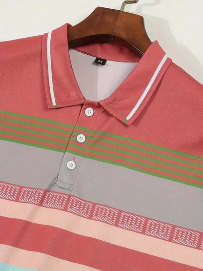 Nouveau polo d'été à manches courtes pour hommes, revers, imprimé numérique 3D, rayé, bouton, haut décontracté pour hommes, t-shirt respirant