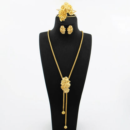 Ensemble de bijoux plaqué or pour femme collier réglable boucle d'oreille en cuivre en forme de fleur, bracelet et matiques, bijoux de mariage africains de Dubaï