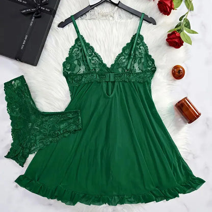 Un ensemble de chemise de nuit Ultra Sexy en Tulle, soutien-gorge à col en v, jupe de nuit ouverte, robe érotique pour femme, pyjama transparent, pantalon de Lingerie, kit de luxe