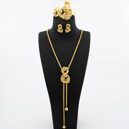 Ensemble de bijoux plaqué or pour femme collier réglable boucle d'oreille en cuivre en forme de fleur, bracelet et matiques, bijoux de mariage africains de Dubaï