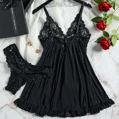 Un ensemble de chemise de nuit Ultra Sexy en Tulle, soutien-gorge à col en v, jupe de nuit ouverte, robe érotique pour femme, pyjama transparent, pantalon de Lingerie, kit de luxe