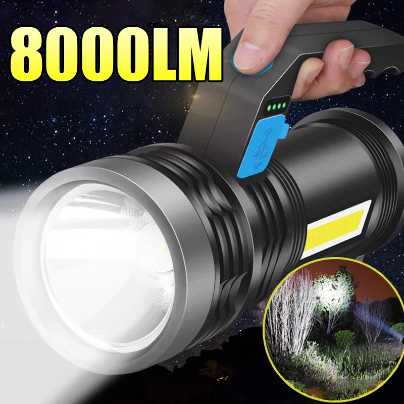 Lampe de poche LED haute puissance, torche Rechargeable par Usb, projecteur Portable très lumineux pour l'extérieur, lampe de Camping intégrée 18650