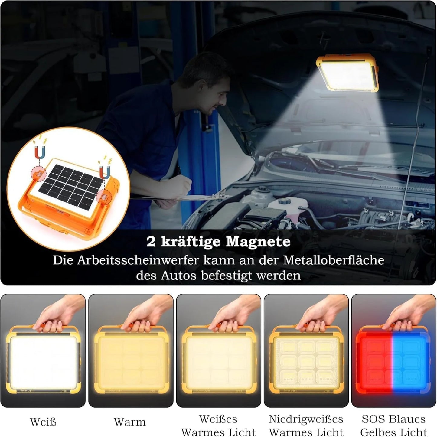 Lampe de travail rechargeable à LED solaire 100 W, lampe de travail alimentée par batterie 2400 mah avec 5 modes, étanche IP66 pour l'extérieur, la réparation de voitures