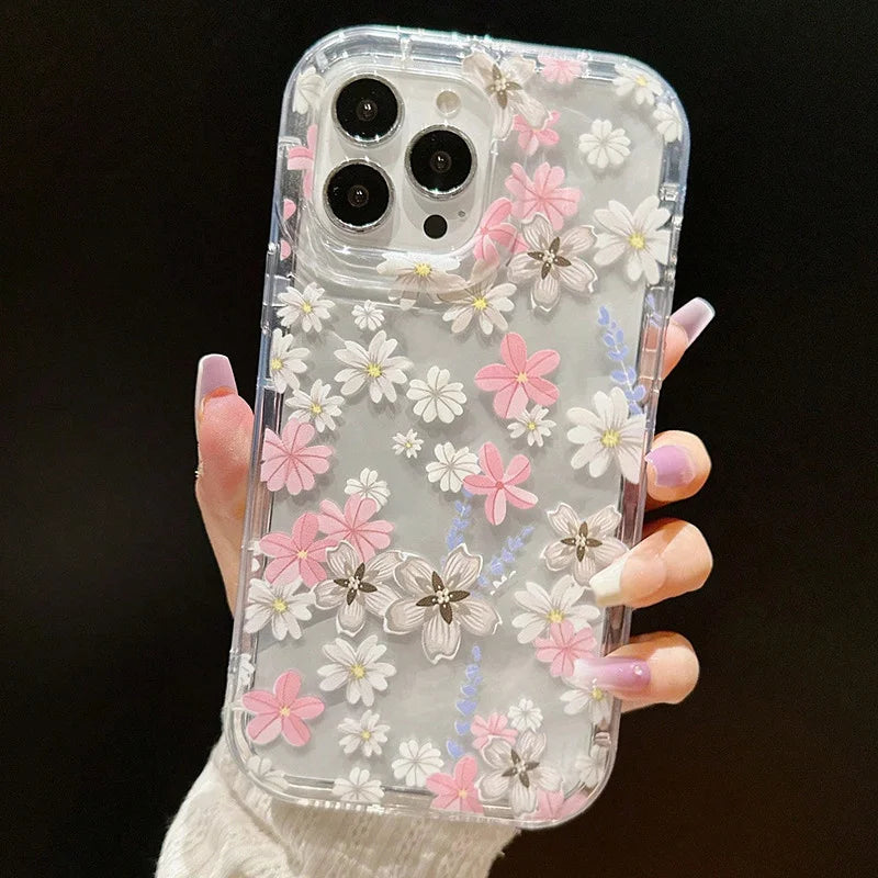 Pink Flower Patterned Shockproof Phone Case For iPhone 14 13 11 12 15 16 Pro Max 7 8 Plus XR X XS Max Clear Air Cushion Cover