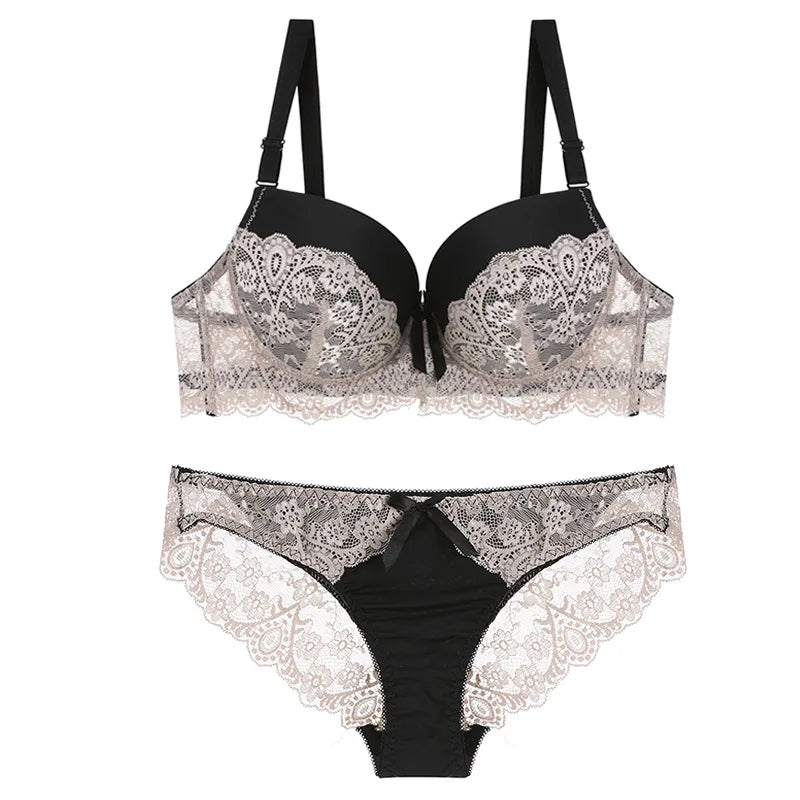 Ensemble de soutien-gorge à bandes classique, Lingerie Push Up, brassière en dentelle, ensemble de sous-vêtements, culotte transparente Sexy pour femmes