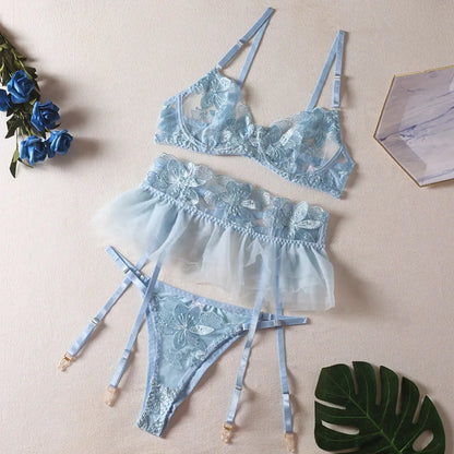 Toucheart-Ensemble de lingerie 3 pièces pour femme, jarretelles, mini jupe, soutien-gorge brodé transparent, sous-vêtements sexy, nouveau, 7.0
