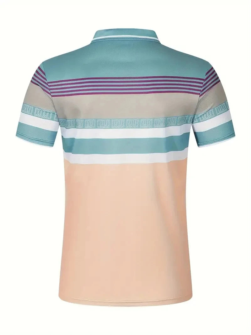 Nouveau polo d'été à manches courtes pour hommes, revers, imprimé numérique 3D, rayé, bouton, haut décontracté pour hommes, t-shirt respirant