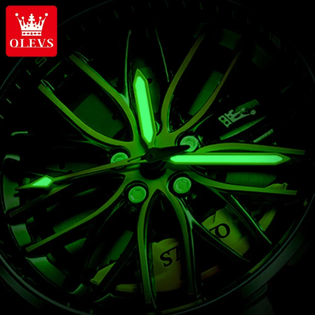 Montres-bracelets à quartz de sport OLEVS 9937 pour hommes, design de roue, montres à bracelet en acier inoxydable étanche de haute qualité pour hommes, lumineuses