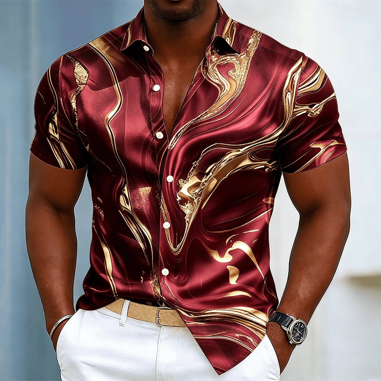 Chemise à manches courtes pour homme, imprimé marbré, motif fluide luxueux, décontractée, boutonnée, pour le printemps et l'été
