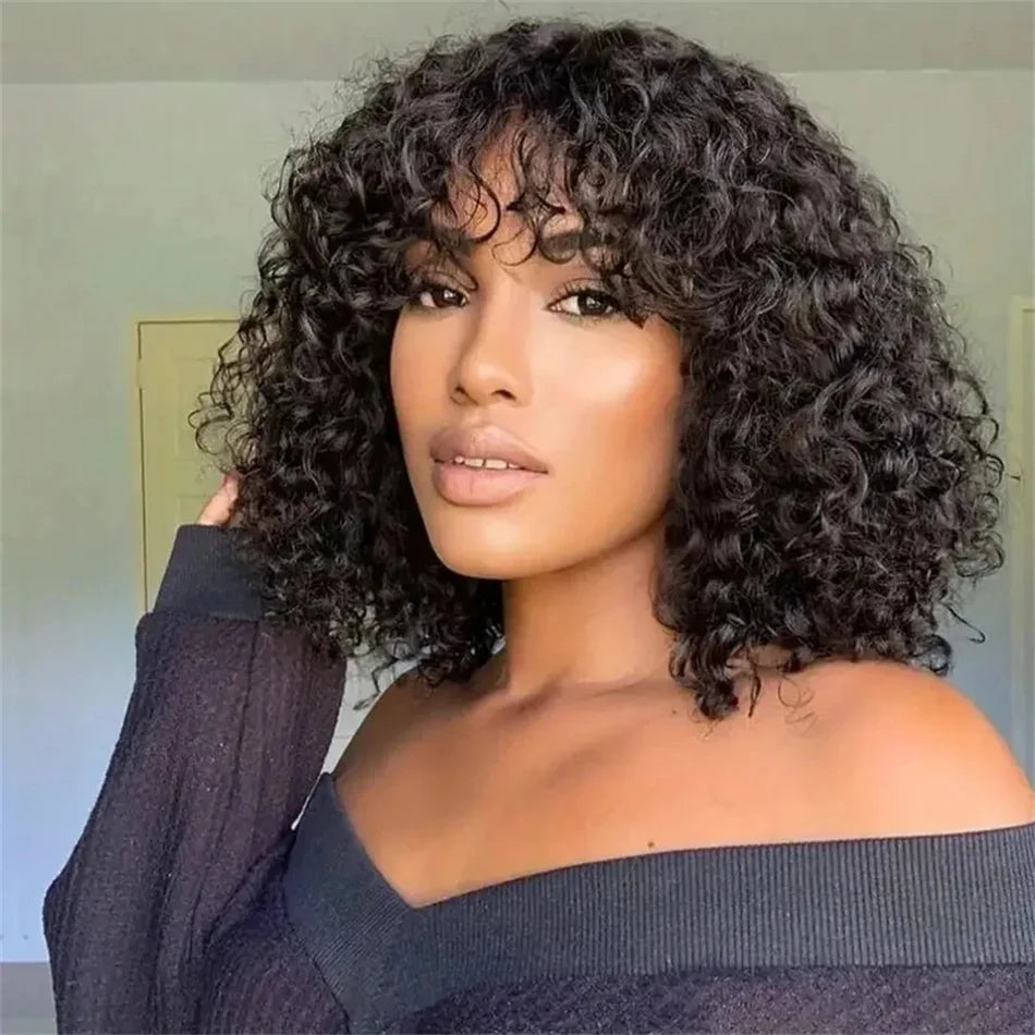 Perruque de cheveux humains courte ondulée Pixie Cut Bob avec frange Perruques complètes pour femmes noires Remy Perruque Cheveux Humain Bouclés