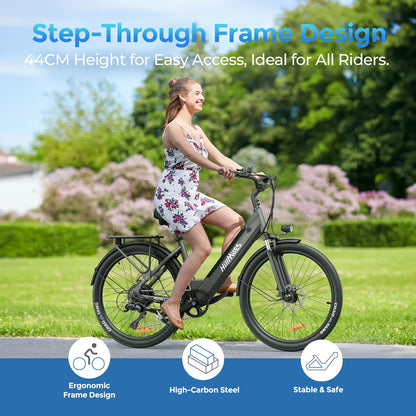 Vélo électrique HillMiles MileCity 26 pouces, cadre à suspension, autonomie jusqu'à 120 km, moteur 250W, batterie 36V 13Ah, vitesse 25 km/h, 7 vitesses, freins à disque, pour la ville, livraison depuis la Pologne