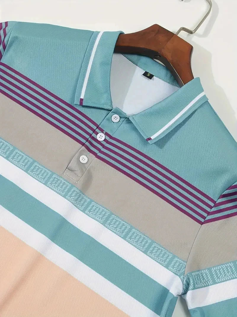 Nouveau polo d'été à manches courtes pour hommes, revers, imprimé numérique 3D, rayé, bouton, haut décontracté pour hommes, t-shirt respirant