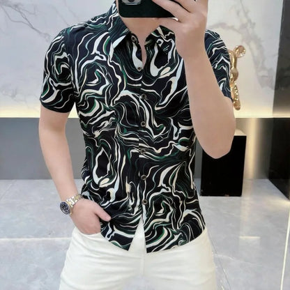 Chemise tendance d'été en soie glacée à motif floral pour homme, élastique, respirante, à manches courtes, décontractée, pour affaires, soirées et occasions habillées